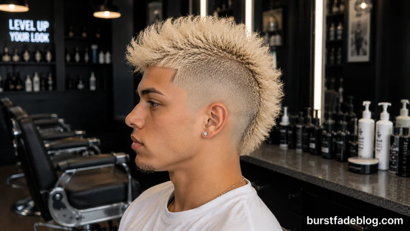Platinum Blonde Burst Fade Mohawk featuring bright blonde textured hair, a clean burst fade around the ears,
