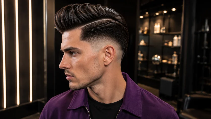 Pompadour Burst Fade Hard Part haircut with high-volume pompadour and sharp hard part.