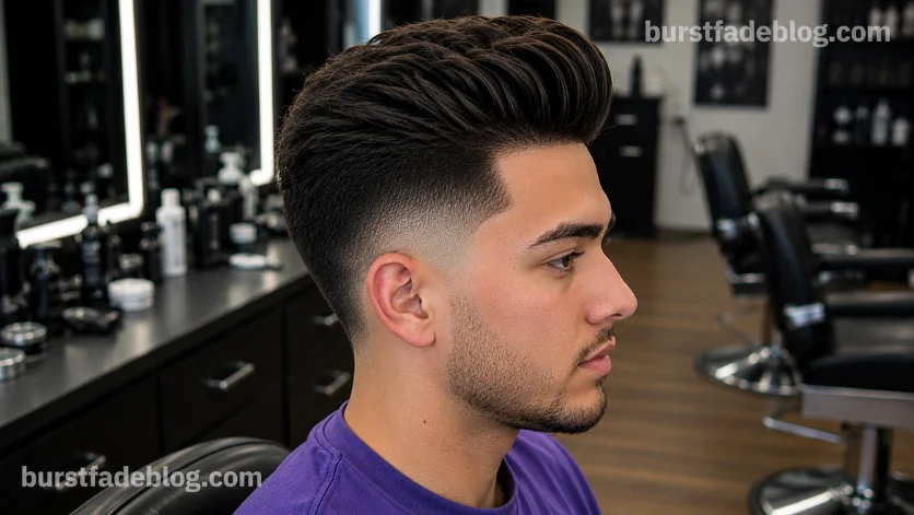 Pompadour Burst Fade Taper haircut with a high-volume swept-back pompadour,