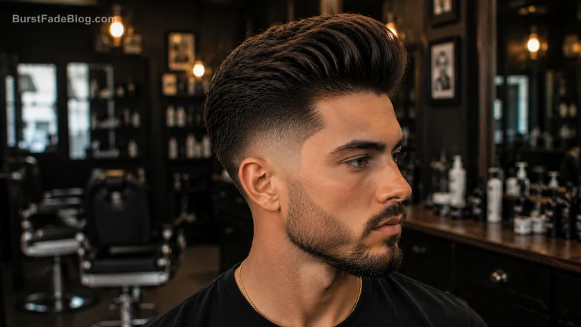 "Pompadour Comb Over with Burst Fade haircut featuring high volume and clean fade."