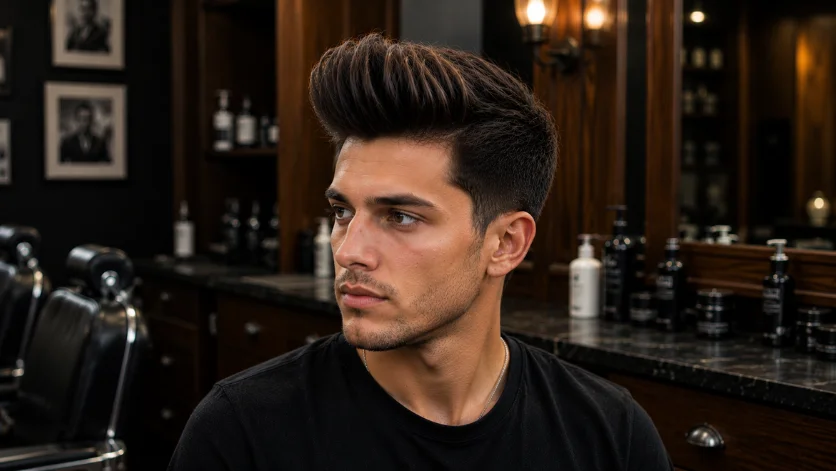 Pompadour quiff haircut for men with extra height at the front, dramatic volume, and a luxury barbershop finish.