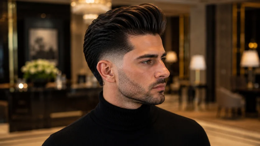 Pompadour slick back burst fade haircut for men with voluminous swept-back pompadour, clean burst fade sides, black turtleneck, and luxury hotel interior.