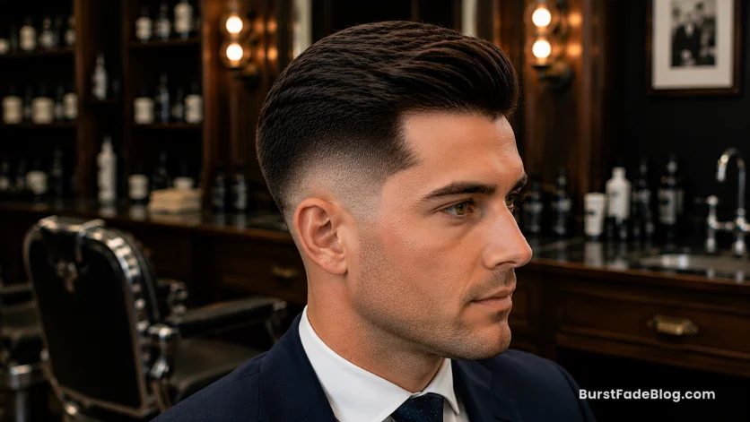"Professional Burst Fade Comb Over haircut with polished styling and clean fade"