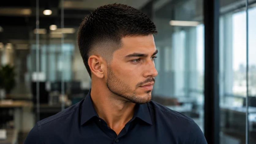 Professional Burst Fade Crew Cut with clean styling and a low burst fade.