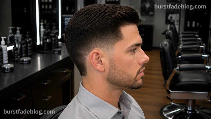 Professional Burst Fade Taper haircut with neat side styling, a conservative burst fade taper, 