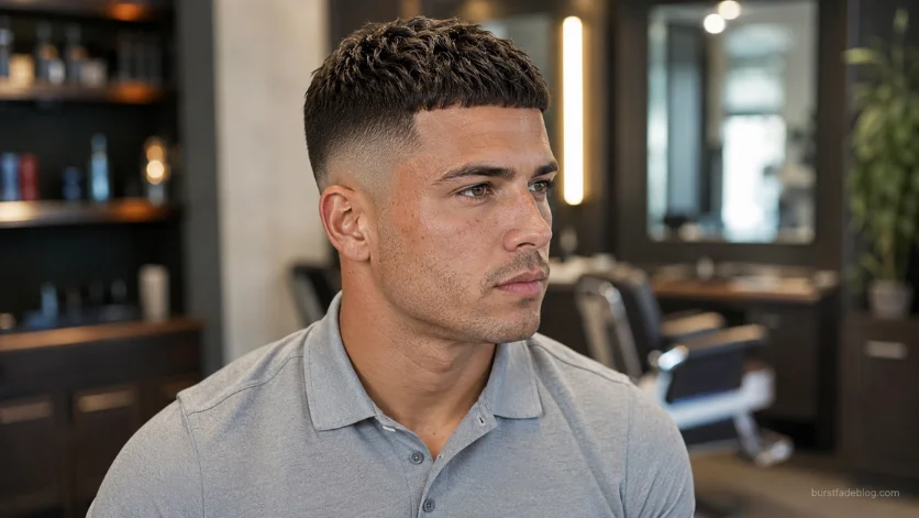Professional Business Caesar Burst Fade haircut with polished corporate styling, clean fade around the ears, and a light gray polo in an executive grooming studio.