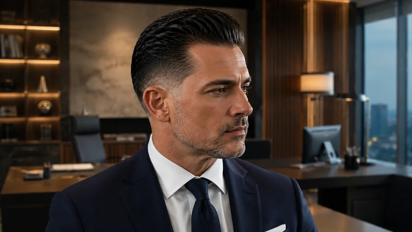 Professional executive slick back fade haircut for men with perfectly groomed slicked-back hair, refined low burst fade, navy business suit, and luxury corporate office background.