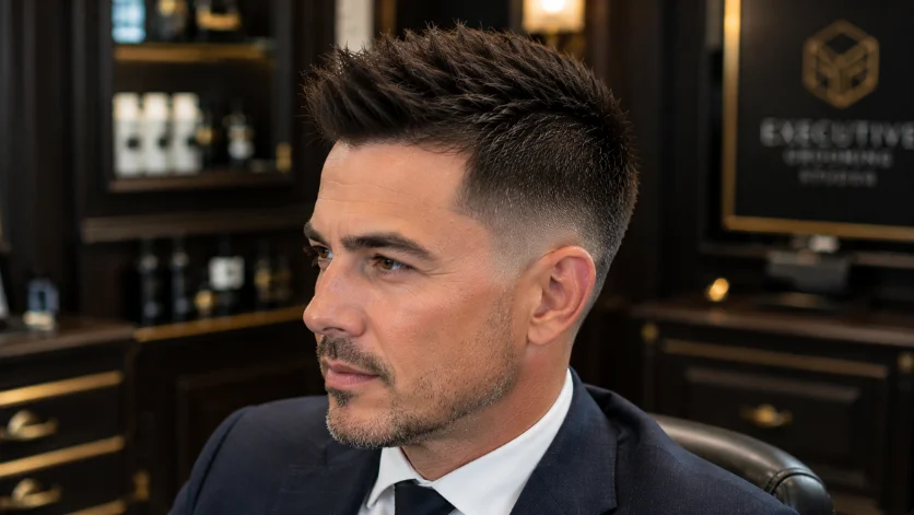 Professional Faux Hawk Style haircut with a clean textured top, subtle burst fade, and executive look.
