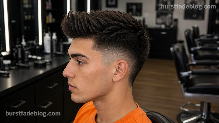 Quiff Burst Fade Taper haircut with a lifted textured front, 