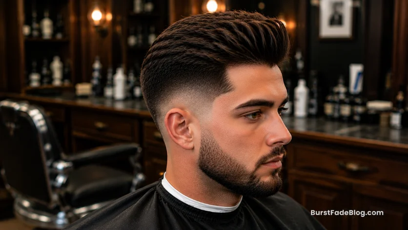 "Quiff Comb Over with Burst Fade haircut featuring textured quiff and clean fade"