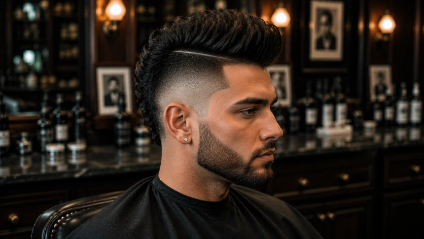 **SEO Optimized Alt Text:**
Quiff mohawk fade haircut for men with a raised center strip, faded sides, bold styling, and a modern barber shop finish.