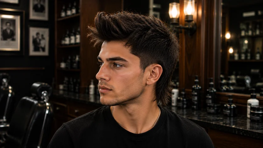 Quiff mullet haircut for men with a textured quiff front, modern mullet length, and fashion-forward styling in a luxury barbershop.