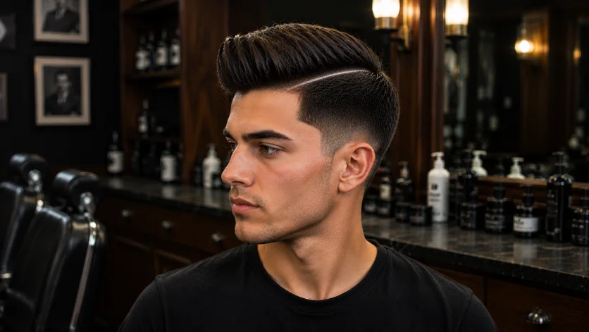 Quiff with hard part haircut for men featuring a crisp shaved part line, textured volume, and a clean modern finish in a luxury barbershop.