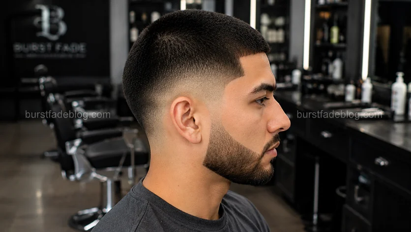 **Alt Text (SEO Optimized):**
Razor Burst Fade Buzz Cut haircut with razor-sharp fade lines, precise detailing, and a clean buzzed top in a professional barbershop.
