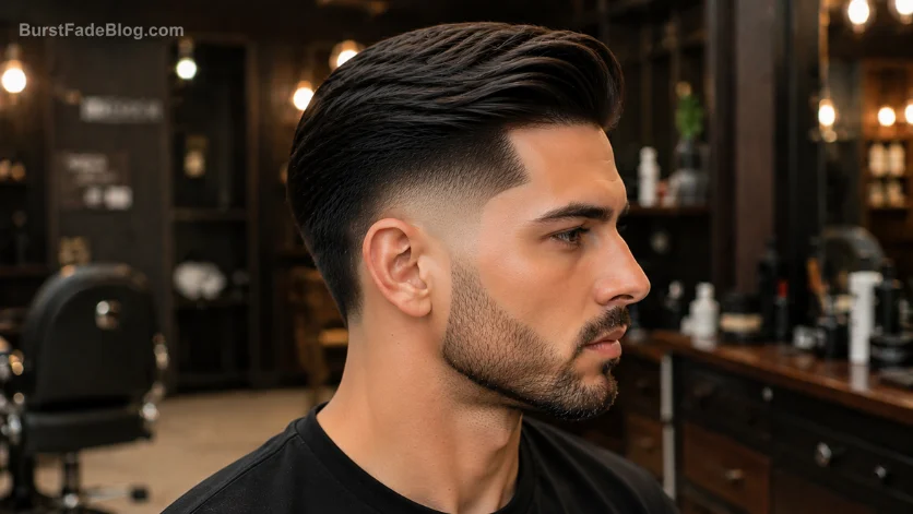 "Razor Burst Fade Comb Over haircut with razor-sharp fade lines, precise combed-over top, and detailed barber craftsmanship in a luxury barber shop."