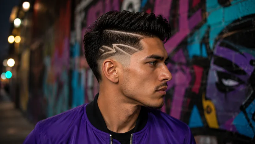 Razor Design Burst Fade Hard Part haircut with custom geometric razor design, sharp hard part line, clean burst fade, and colorful street art background.