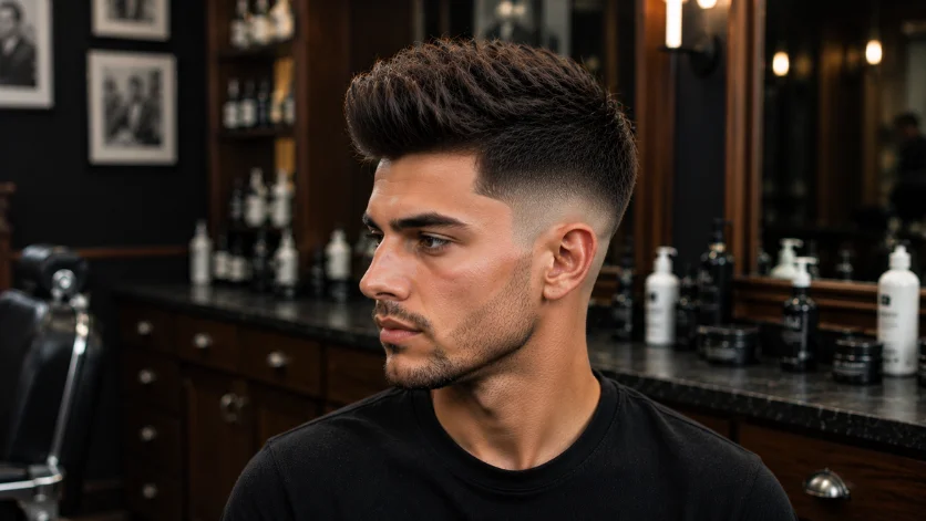 Razor fade quiff haircut for men with razor-sharp fade lines, clean detailing, and a stylish textured quiff in a luxury barbershop.
