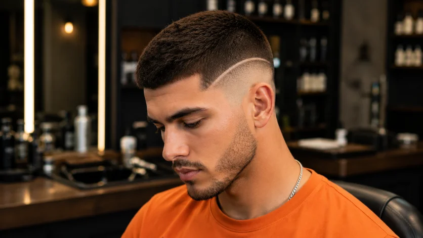 Razor line burst fade crew cut with a sharp shaved design and clean top hairstyle.