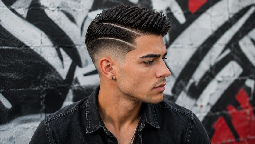 Razor line burst fade side part haircut for men with a sharp razor design and clean burst fade against an urban graffiti background.