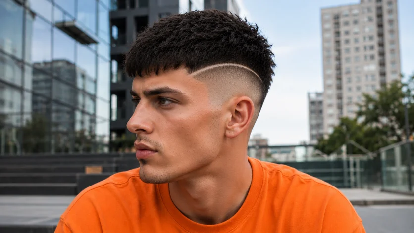 Razor Line Burst Fade Textured Crop hairstyle for men with razor line detail and textured top