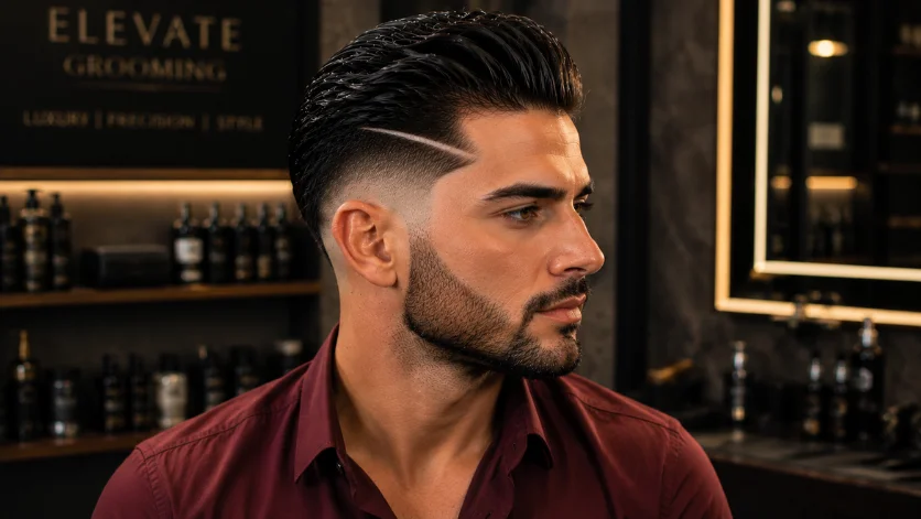  Razor line burst fade slick back haircut for men with sharp shaved line detail, slicked-back hair, clean burst fade, burgundy shirt, and luxury grooming studio background.