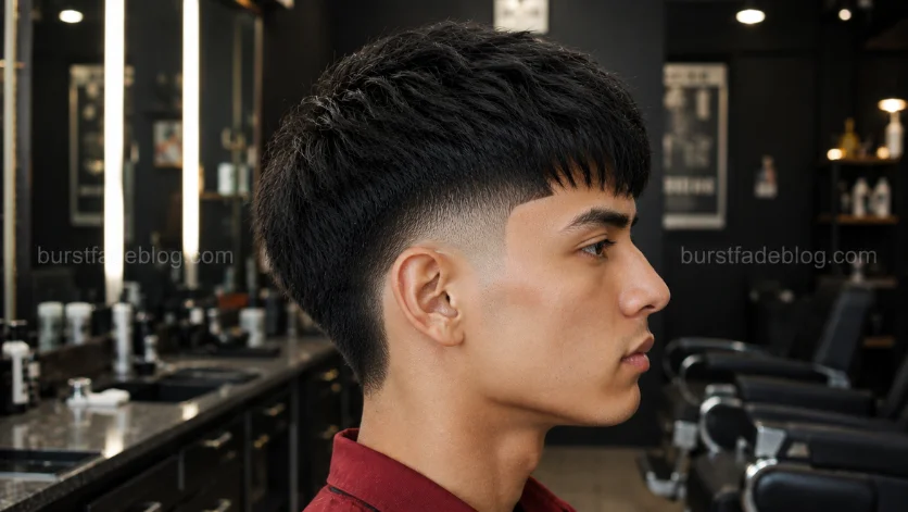Razor Sharp Burst Fade Edgar haircut with ultra-clean fade and crisp edges on a Latino male model.