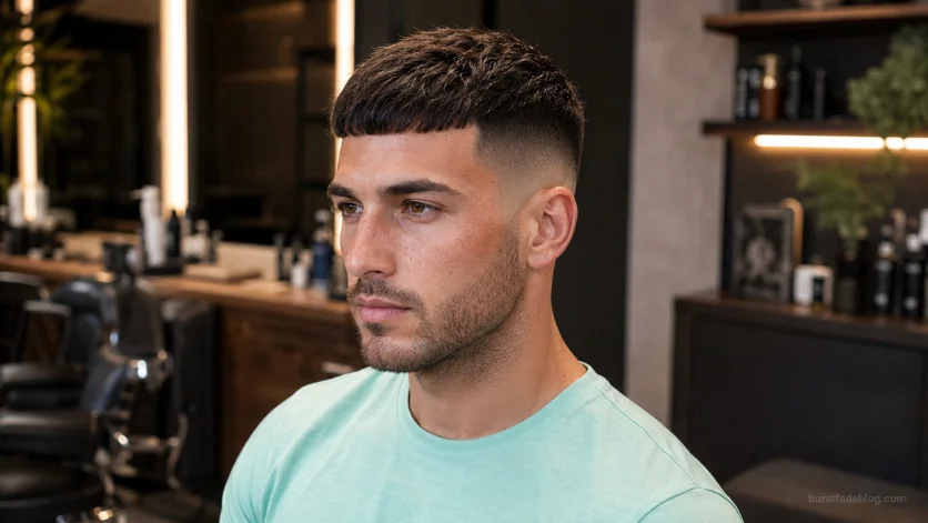 Man with Razor Fade Caesar haircut featuring a sharp cropped fringe and clean razor fade in a modern barbershop.
