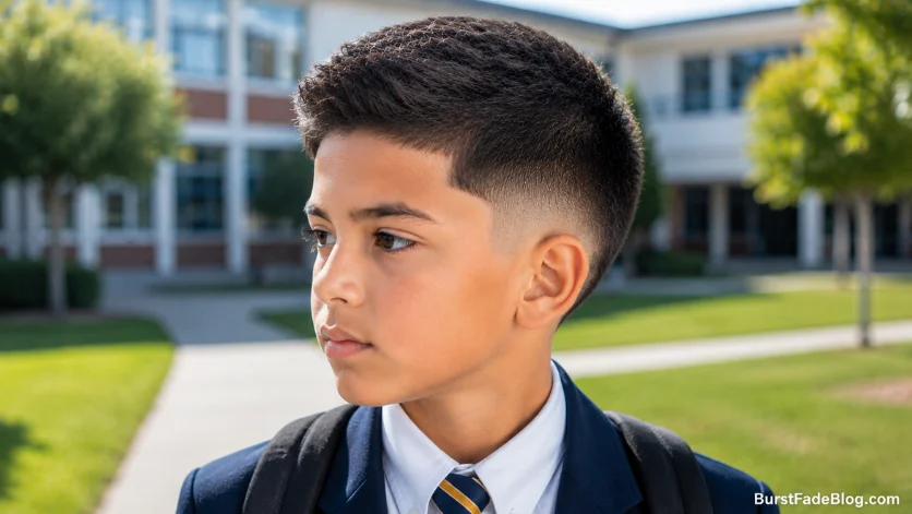 School-friendly burst fade haircut for kids with a neat, clean style and subtle faded sides.