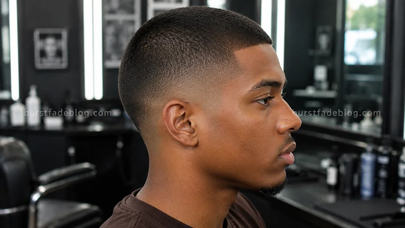 **Alt Text:**
Shadow Burst Fade Buzz Cut with smooth shadow fade transitions, short buzzed top, and sharp side profile in a modern barber studio.
