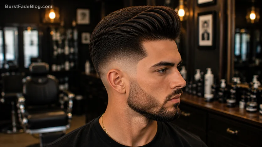 "Sharp Burst Fade Comb Over haircut with precise styling and clean fade."