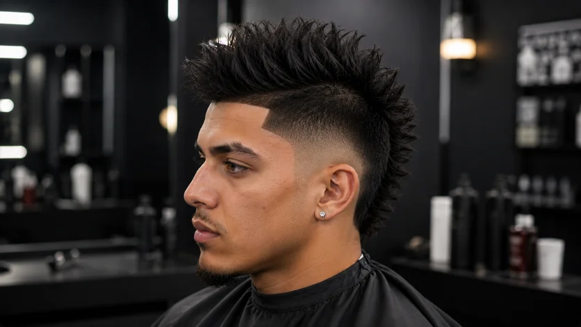 Sharp Burst Fade Faux Hawk haircut with defined texture, precise lines, and crisp fade transitions.
