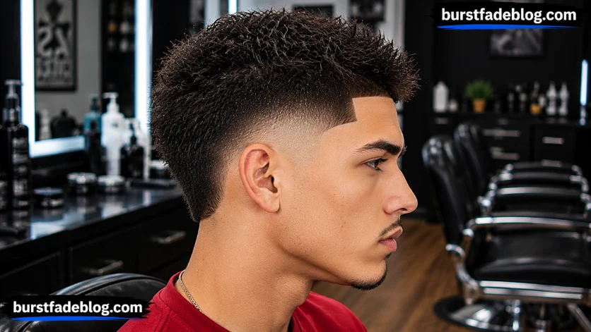 Sharp Burst Fade Taper haircut with a razor-clean fade, precise edges, 