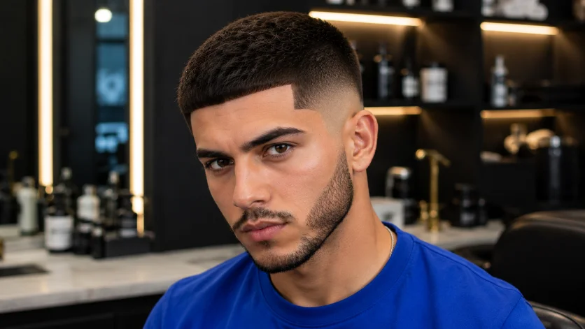 Sharp line-up burst fade crew cut with crisp edges and a clean burst fade.