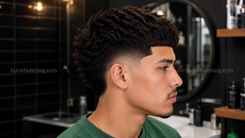 Young Latino male with Sharp Line Up Burst Fade Edgar haircut featuring a precise lineup, sharp edges, and clean burst fade styling.