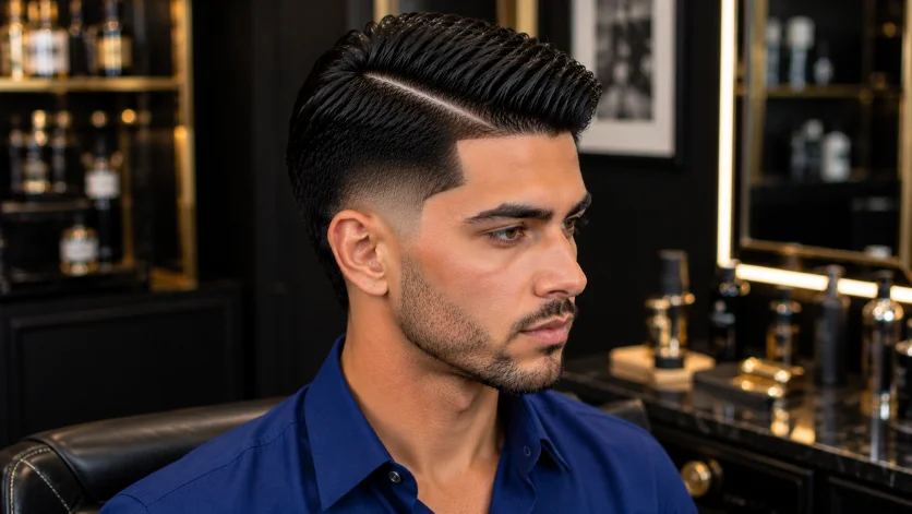 Sharp line-up burst fade side part haircut on man in royal blue shirt, crisp hairline and clean fade in a luxury barber station.