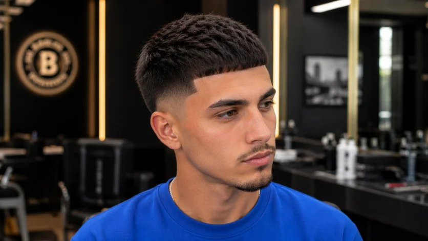 Sharp Line-Up Burst Fade Textured Crop hairstyle for men.