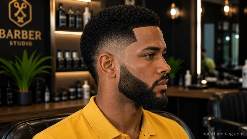 Sharp Line-Up Burst Fade with Beard featuring a razor-sharp hairline, rounded burst fade, and perfectly groomed beard.