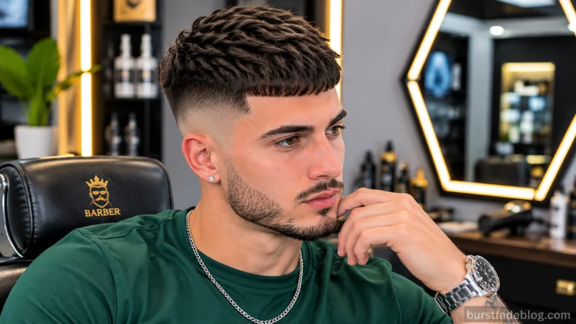 Sharp Line-Up Caesar Fade with razor-sharp lineup and burst fade in luxury barbershop.