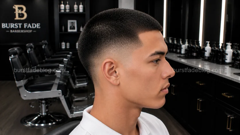 **Alt Text (SEO Optimized):**
Short Burst Fade Buzz Cut haircut with extra-short buzzed hair, perfectly blended burst fade, and clean finish in a professional barber studio.
