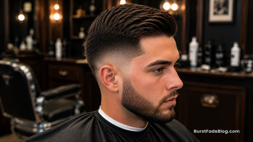 "Short Burst Fade Comb Over haircut with neat top and faded sides"