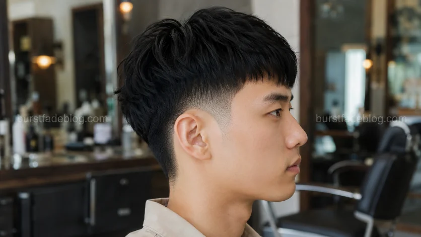 Short Burst Fade Edgar haircut with a sharp fade and textured top on a young Korean male model.
