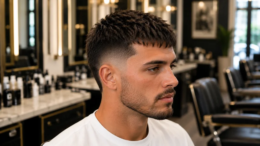  Burst Fade French Crop haircut with short textured top and sharp fade, clean modern men's hairstyle 