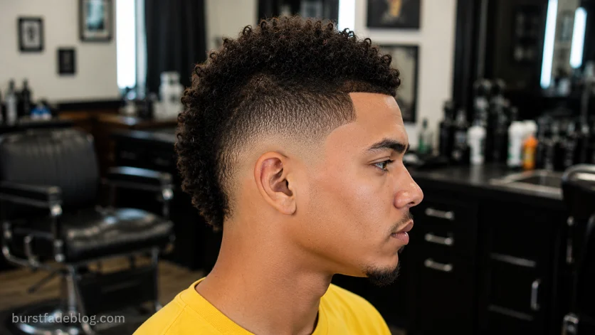 Short Burst Fade Mohawk haircut with a compact textured top, clean burst fade around the ears,