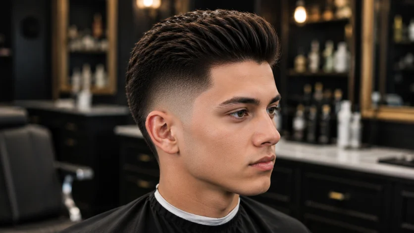 "Short Burst Fade Pompadour haircut on clean-shaven male in barber shop."