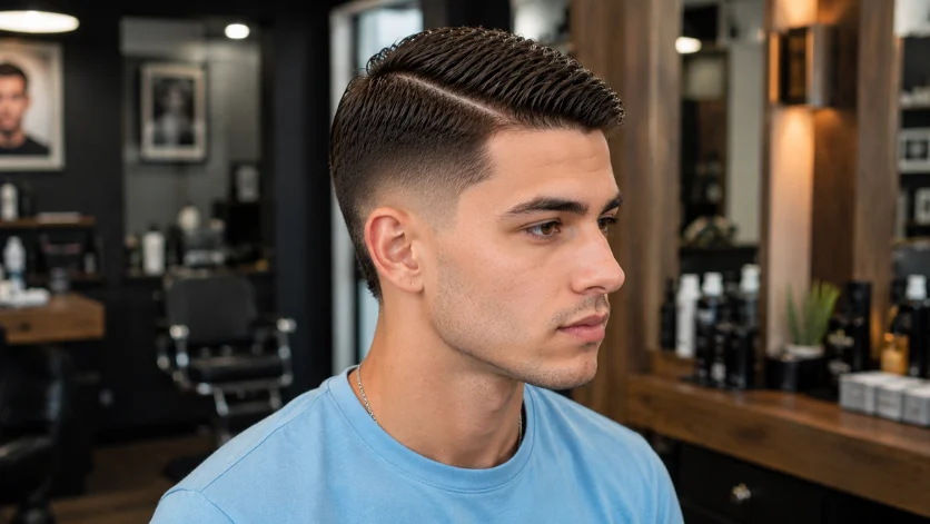 Short burst fade side part haircut on clean-cut man in sky blue t-shirt, sharp men's hairstyle in a modern barbershop.