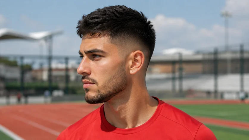 Short Burst Fade Textured Crop hairstyle for men.