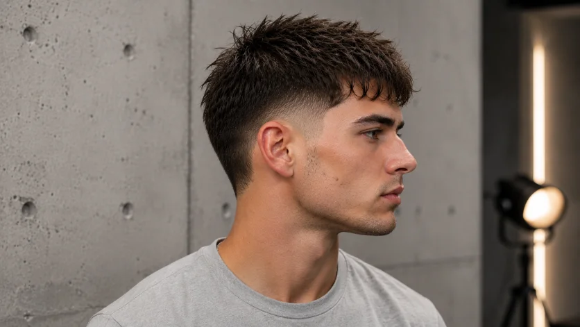 Short burst fade haircut with a textured top, clean fade around the ears, and sharp side profile against a modern concrete studio background.