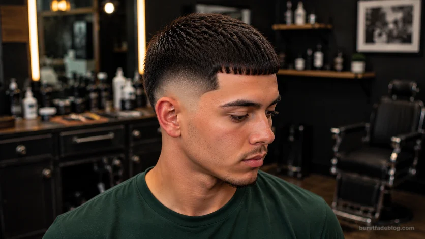 Short Caesar Burst Fade haircut with cropped fringe and clean fade.