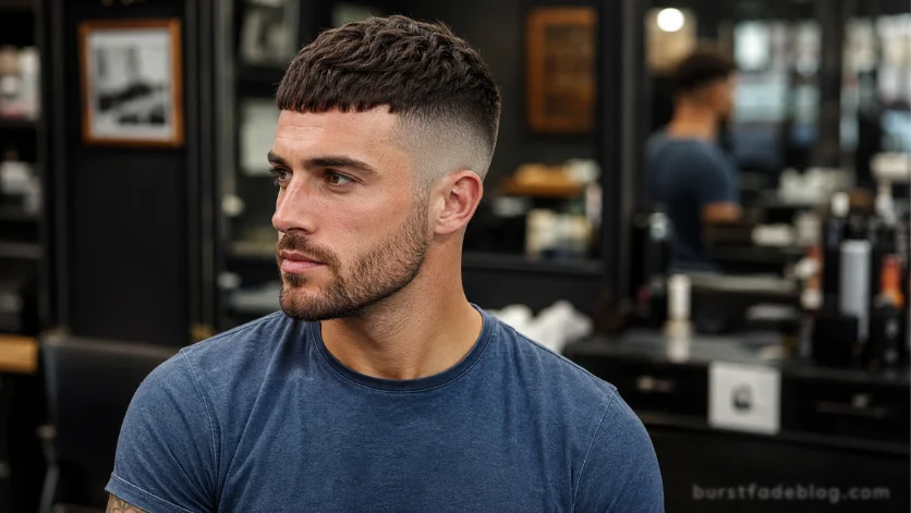 Short Caesar Crop with Burst Fade haircut, clean cropped top, sharp fade around the ears, denim blue t-shirt, modern barbershop background.