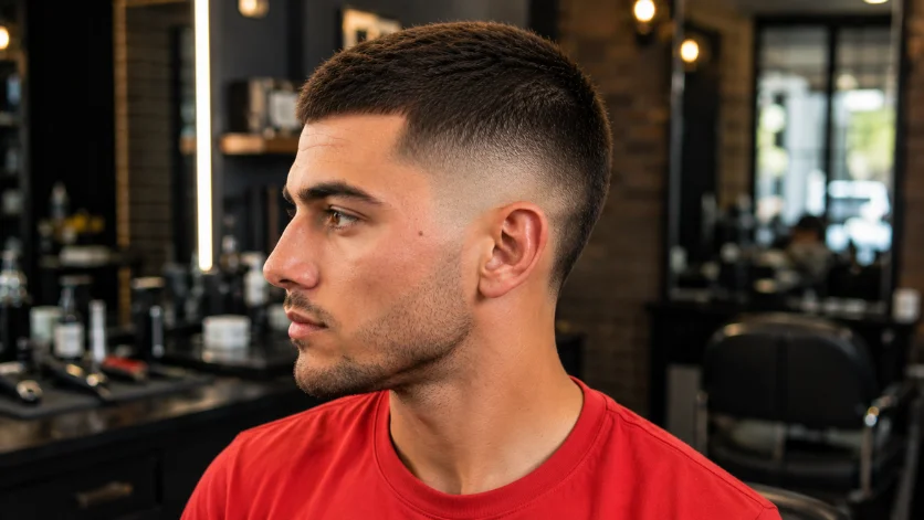 Short crew cut with burst fade featuring a clean fade and short textured top.